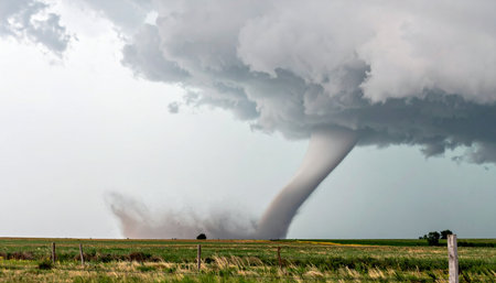 A massive supercell thunderstorm spawns a violent tornado, its powerful funnel cloud churning across the vast, green fields of the Great Plains. This dramatic and awe-inspiring display of natures raw power captures the intensity and danger of extreme weather events.の素材