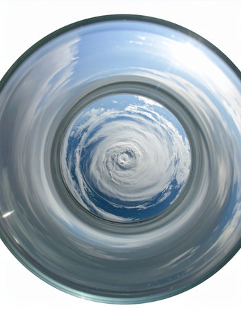 A glimpse through a futuristic portal reveals the raw, swirling power of a massive hurricane. This abstract view captures the immense energy of a cyclone, blending concepts of advanced technology, climate observation, and the untamable force of nature.の素材