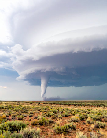 A massive supercell thunderstorm dominates the sky over a vast, arid plain, unleashing a powerful and destructive tornado. The funnel cloud churns across the remote landscape, a dramatic and awe-inspiring display of natures raw force. This image captures the terrifying beauty and immense power of extreme weather phenomena.の素材