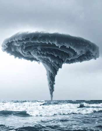 A colossal waterspout churns the turbulent ocean surface, its immense funnel connecting the stormy gray sky to the chaotic waves below. This awe-inspiring display of natures raw power evokes a sense of both wonder and imminent danger, a perfect visual for themes of climate change, risk, and unstoppable force.の素材