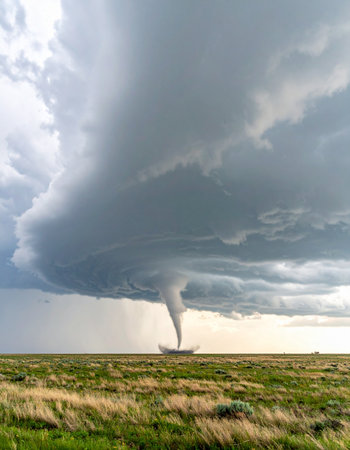 A powerful supercell thunderstorm spawns a dramatic tornado, its funnel cloud touching down on the vast, open grasslands. This awe-inspiring and dangerous display of natures force showcases the raw energy of extreme weather in a rural landscape.の素材