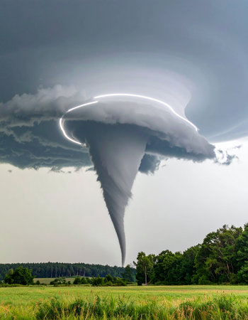 A massive supercell thunderstorm unleashes its incredible power, forming a dramatic and terrifying tornado that descends from the dark, stormy sky. The funnel cloud churns above a peaceful rural landscape, a stark contrast between natures fury and the calm of the countryside, symbolizing immense force and impending change.の素材