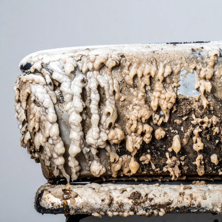 A macro shot reveals the severe and intricate decay of a car battery terminal. Years of neglect have resulted in a thick, crystalline crust of sulfation, a visual representation of power failure, the need for urgent maintenance, and the slow, inevitable process of chemical erosion.の素材