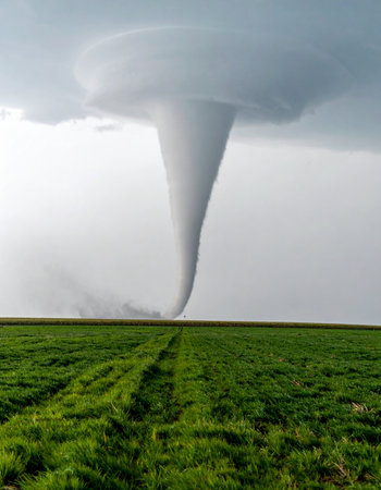 A powerful and perfectly formed tornado descends from a dark, stormy sky, touching down in a vibrant green field. The image captures the raw, awe-inspiring, and dangerous beauty of natures fury, showcasing a moment of intense atmospheric drama over a peaceful rural landscape.の素材