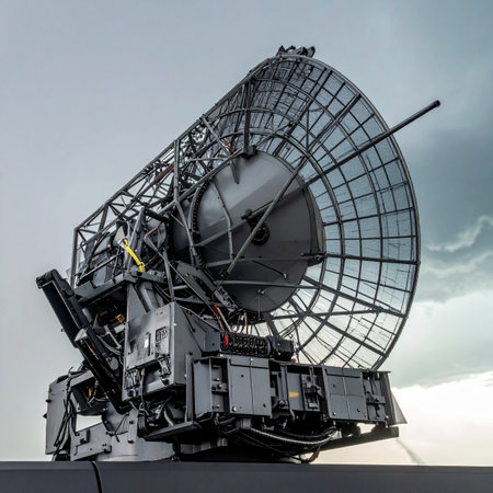 A massive radar installation stands against a dramatic, overcast sky, its complex dish aimed towards the horizon. This sophisticated technology represents the pinnacle of global communication, data transmission, and surveillance, silently monitoring signals with unwavering precision.の素材