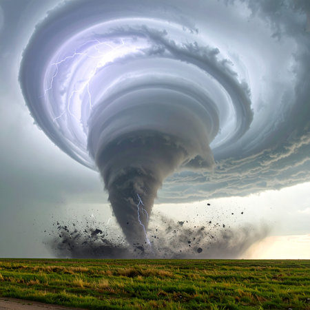 A colossal supercell unleashes its raw power as a massive tornado descends upon the open plains. Debris and dust are violently churned at its base, a stark display of natures immense and destructive force against a vast, rural landscape.の素材