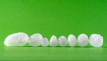 A carefully arranged collection of smooth, polished white gemstones rests in a perfect line against a vibrant green background. The varying sizes and milky translucence of the stones suggest natural beauty, harmony, and a sense of calm order.の素材