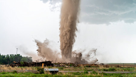 A terrifying and powerful tornado makes landfall, unleashing its full fury on a rural structure. A violent explosion of dust and debris fills the air, showcasing the raw, destructive power of nature and the immense danger of severe weather events. This image captures a moment of catastrophic impact and chaos.の素材