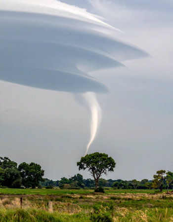 A slender white funnel cloud descends from a massive, layered storm system, reaching towards a solitary tree in a vast, open field. The scene captures the raw, unpredictable power of nature and the dramatic, awe-inspiring moment before a tornado touches down, blending beauty with imminent danger.の素材