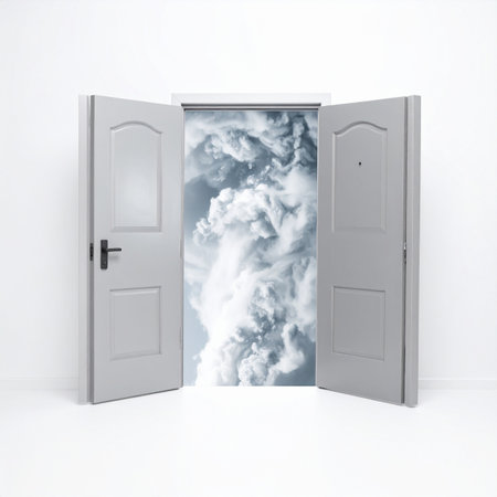A set of open doors stands against a stark white background, revealing a swirling, ethereal cloudscape within. This conceptual image represents a portal to the unknown, symbolizing new beginnings, future opportunities, and the leap of faith into a world of imagination and possibility.の素材