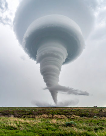 A colossal supercell tornado descends from a dark, turbulent sky, its powerful vortex churning just above a vast, green prairie. This awe-inspiring and terrifying display of natures raw force captures a moment of immense power, danger, and the dramatic beauty of extreme weather.の素材