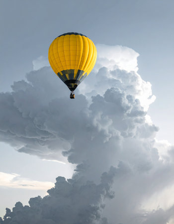 A vibrant yellow hot air balloon ascends gracefully, a beacon of hope and adventure against the dramatic backdrop of a massive, billowing storm cloud. This image captures a moment of serene defiance, symbolizing the journey of rising above challenges to gain a new perspective.の素材
