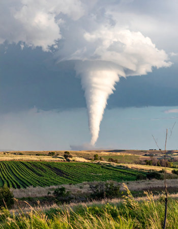 A massive and powerful tornado forms in a dark, stormy sky, its funnel cloud descending towards the vibrant green agricultural fields below. This dramatic scene captures the raw, unpredictable power of nature and the inherent risks faced in rural landscapes during severe weather events.の素材