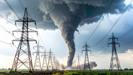 A massive, destructive tornado funnel descends from dark, turbulent storm clouds. In the foreground, a line of high-voltage electrical pylons stands vulnerable, highlighting the immense threat that extreme weather events pose to our critical infrastructure and power grid.の素材