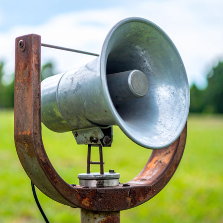 A weathered, old loudspeaker stands silent on its rusty mount in a quiet field. Once a voice for public announcements or warnings, it now serves as a nostalgic symbol of past communication and the relentless passage of time.の素材