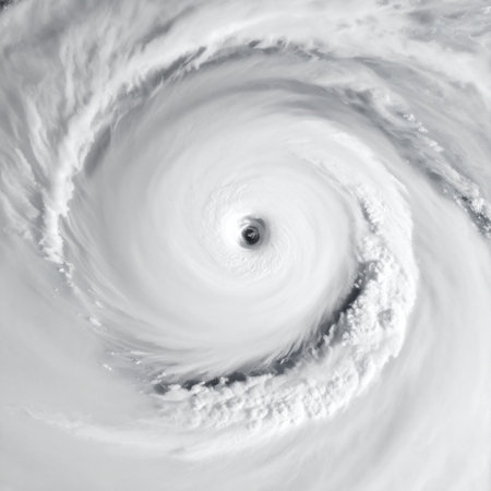 A dramatic satellite view captures the immense scale and raw power of a major hurricane. At the center, the calm, clear eye provides a stark contrast to the violent, swirling eyewall, illustrating the beautiful yet destructive force of natures weather phenomena.の素材