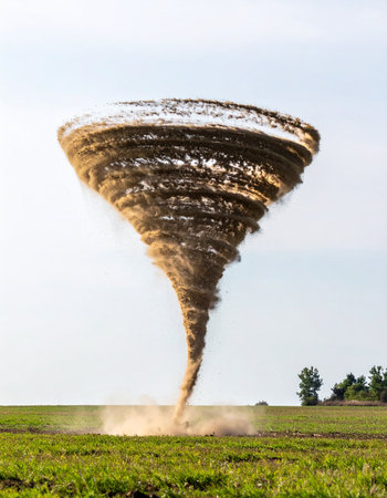 A massive and powerful tornado churns across a rural landscape, its immense funnel cloud kicking up dust and debris from the green field below. This dramatic scene captures the raw, untamed force of nature, symbolizing concepts of danger, destruction, and the awesome power of severe weather events.の素材