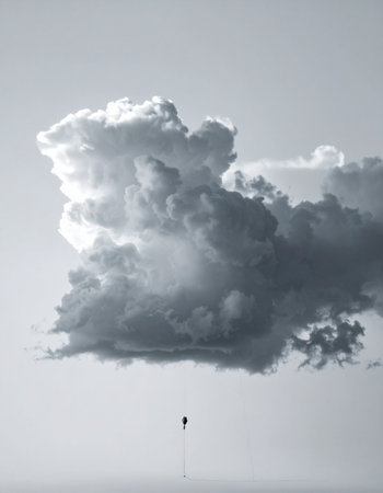 A solitary figure is suspended in a vast, empty sky, falling from or floating beneath a monumental cloud. This surreal, black and white image evokes a sense of dreaming, solitude, and the overwhelming scale of nature, creating a powerful metaphor for freedom, insignificance, or a leap of faith.の素材