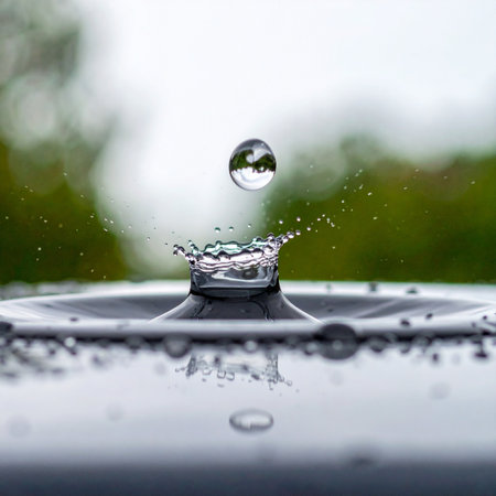 A single, perfect sphere of water hangs suspended in time, reflecting the world around it. Below, the surface erupts into a delicate crown, capturing the precise moment of impact and the beautiful, fleeting physics of a simple splash. This image evokes a sense of purity, focus, and the profound beauty found in a single moment.の素材