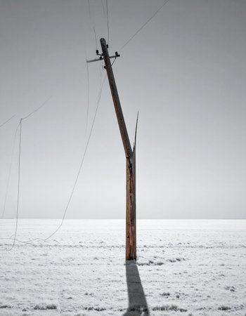 A single, weathered utility pole leans against the vast emptiness of a snow-covered landscape. This stark, minimalist black and white scene evokes a sense of profound isolation and quiet resilience, symbolizing endurance and the forgotten lines of communication in a harsh, silent world.の素材