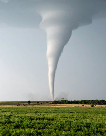 A massive and powerful tornado funnel descends from a dark, stormy sky, touching down in a vast, green rural field. The scene captures the raw, awe-inspiring, and dangerous force of nature, a moment of dramatic tension before the storm unleashes its full destructive potential on the open plains.の素材