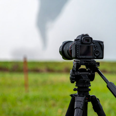 A camera stands ready on its tripod in a vast green field, its lens sharply focused on the task at hand documenting the raw, unpredictable power of a tornado forming in the distance. This image captures the thrilling and dangerous pursuit of a storm chaser, blending the art of photography with the science of meteorology in a moment of intense focus and adventure.の素材