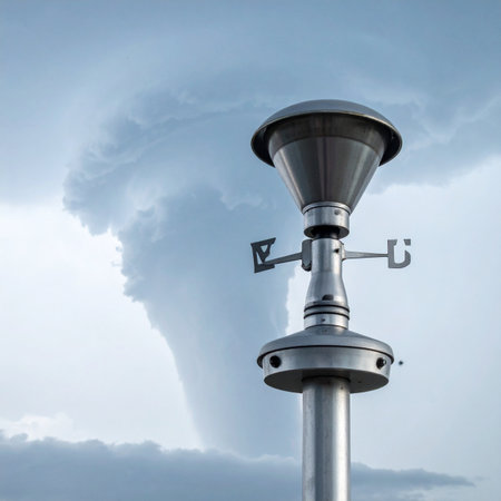 A sophisticated weather station stands guard, its sensors actively monitoring the ominous formation of a powerful tornado in the stormy sky. This image captures the critical moment of scientific observation in the face of natures immense and destructive power, symbolizing warning, preparedness, and the study of extreme weather events.の素材