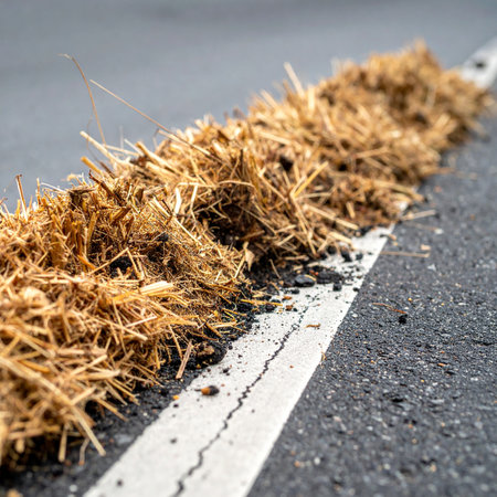 A close-up perspective captures the rustic texture of straw spilled along the crisp white line of an asphalt road. This image evokes a sense of transition, where the agricultural world briefly intersects with urban infrastructure, leaving a temporary reminder of a journey.の素材