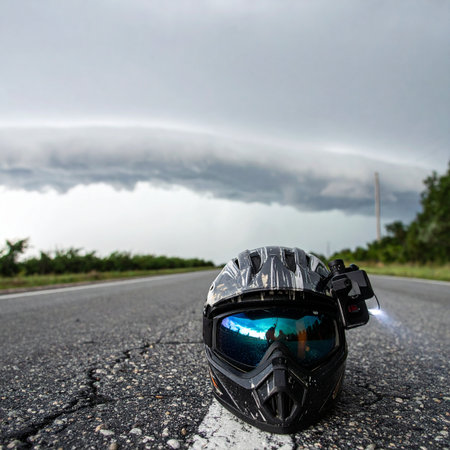 A riders helmet rests on the cracked asphalt, a silent testament to the journey paused. Ahead, the open road disappears under a dramatic, stormy sky, promising an adventure filled with challenge, freedom, and the raw power of nature. A moment of quiet anticipation before the ride continues.の素材