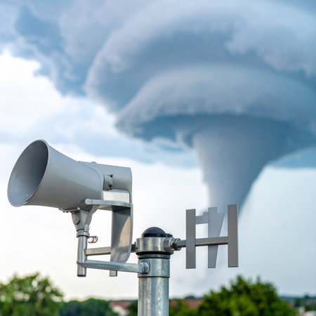 In the foreground, a public warning siren and weather station stand ready, symbols of modern preparedness. In the background, a massive and destructive tornado funnel cloud forms in the ominous sky, representing the immense power of nature and the impending threat of a severe weather event.の素材