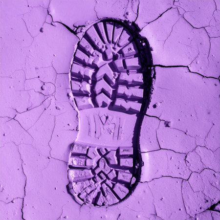 A solitary boot print makes a deep impression on the cracked, dry surface of a surreal landscape. Bathed in an otherworldly purple light, this single trace of presence hints at a journey through a strange and desolate environment, leaving a lasting mark of impact and mystery.の素材