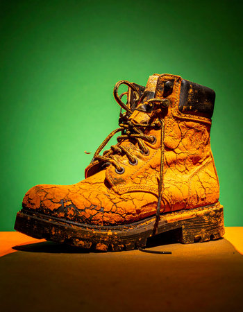 This single, mud-caked work boot stands as a testament to a day of hard labor and resilience. Each scuff and layer of dirt tells a story of perseverance, grit, and the satisfaction of a job well done, captured in a bold, artistic studio setting.の素材