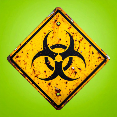 A weathered and rusty biohazard sign stands as a stark warning against a vibrant green background. Its corroded surface tells a story of long-forgotten danger, evoking themes of contamination, post-apocalyptic survival, and the enduring presence of a hidden threat.の素材