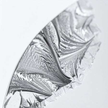 A macro view reveals the intricate, crystalline patterns on a crumpled silver foil surface. The play of light and shadow creates a dynamic, abstract texture, evoking a sense of futuristic technology, scientific discovery, or the delicate beauty of frost formations.の素材