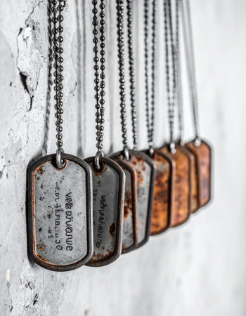 A row of weathered and rusty military dog tags hangs against a stark wall, each one a silent testament to a life of service and sacrifice. This powerful image evokes a sense of history, remembrance, and the profound cost of freedom, honoring the memory of fallen heroes and veterans.の素材