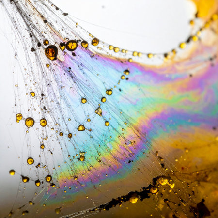 A macro perspective reveals the hidden magic of nature. Glistening amber droplets cling to delicate spider silk, which refracts light into a stunning, ethereal rainbow. This abstract image captures the intricate beauty and complex physics found in the most unexpected places.の素材