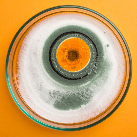 A vibrant and complex colony of mold and fungus flourishes within a petri dish, viewed from above against a bright orange background. This image captures the fascinating world of microbiology, representing scientific research, discovery, and the intricate patterns of life at a microscopic level.の素材