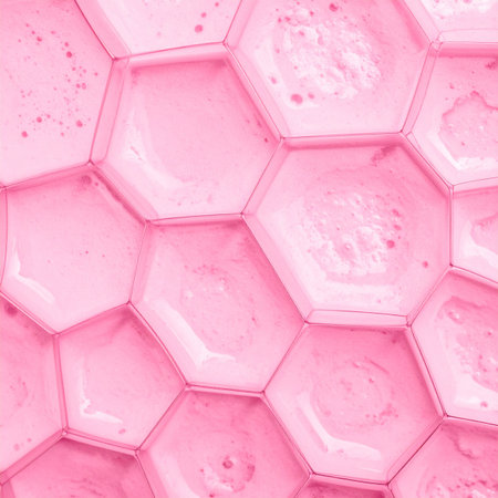 Close-up on a mesmerizing geometric structure of soft pink hexagons. The translucent, gel-like cells create a clean, soothing, and futuristic background, ideal for concepts of skincare, biotechnology, or abstract design.の素材