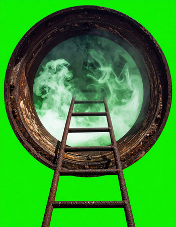 A rusty ladder leans against a circular portal, offering a path upward into a swirling vortex of mysterious green smoke. This surreal scene represents a journey into the unknown, a transition to another dimension, or an escape towards a new reality. The vibrant green background isolates the subject, emphasizing themes of discovery, risk, and otherworldly adventure.の素材