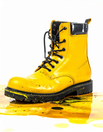 A vibrant yellow work boot makes a bold statement, standing firmly in a messy puddle of matching paint. This high-key studio shot on a clean white background captures a concept of industrial creativity, durable fashion, and the beauty of a colorful, artistic mess.の素材