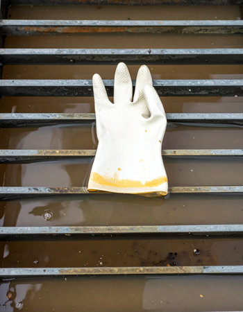 A single, forgotten work glove rests on a wet, rusty industrial grate, a silent testament to a completed task. This image evokes a sense of urban loneliness and the transient nature of human activity in a gritty landscape.の素材