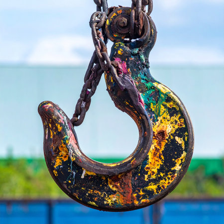A close-up of a massive, weathered crane hook, its surface a canvas of peeling, colorful paint and rust. This powerful piece of industrial equipment tells a story of heavy labor, resilience, and the abstract beauty found in years of wear and tear.の素材