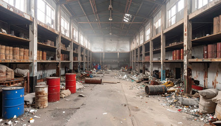 Sunlight filters through dusty windows, illuminating a scene of industrial decay. Once a bustling hub of activity, this vast factory hall now stands silent, its empty shelves and scattered debris telling a story of a forgotten era. The air is heavy with the quiet of abandonment.の素材