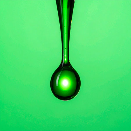 A perfect, glistening drop of vibrant green liquid hangs suspended, captured in a moment of pure potential. Its smooth, viscous form reflects a bright light, symbolizing concepts of life, science, and environmental purity against a clean, monochromatic background.の素材