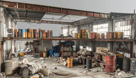 Sunlight filters through a collapsed roof, illuminating the silent chaos of a forgotten factory. Rusted barrels, some possibly containing hazardous waste, line a dilapidated second-story mezzanine and are scattered amongst the rubble below. This scene captures the eerie beauty of industrial decay, telling a story of abandonment, environmental neglect, and the powerful reclamation by time.の素材