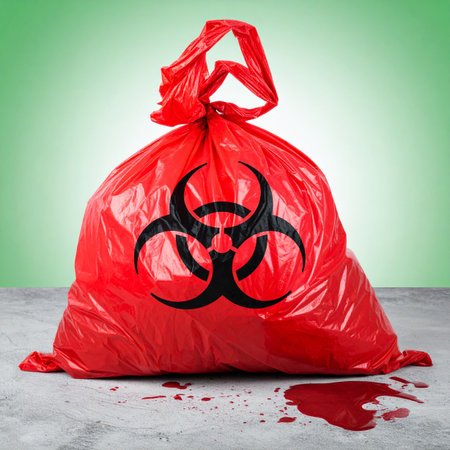 A full red biohazard bag, marked with the universal symbol for infectious materials, sits ready for disposal. A spill of red liquid on the floor below hints at the dangerous and contaminated contents within, emphasizing the critical importance of proper hazardous waste management.の素材