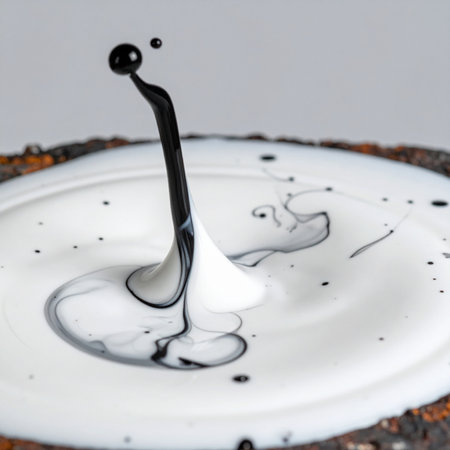 A single drop of black ink makes a dramatic impact, colliding with a pool of white liquid. The resulting splash is frozen in time, creating an elegant, sculptural column that represents the beautiful and dynamic interaction of opposing forces. This macro shot captures a moment of abstract creation and fluid motion.の素材