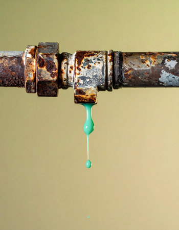 A close-up view captures a moment of critical failure. A heavily corroded and rusty pipe joint slowly drips a viscous green liquid, symbolizing neglect, aging infrastructure, and a potential environmental hazard. This image evokes a sense of urgency and the need for maintenance and repair.の素材