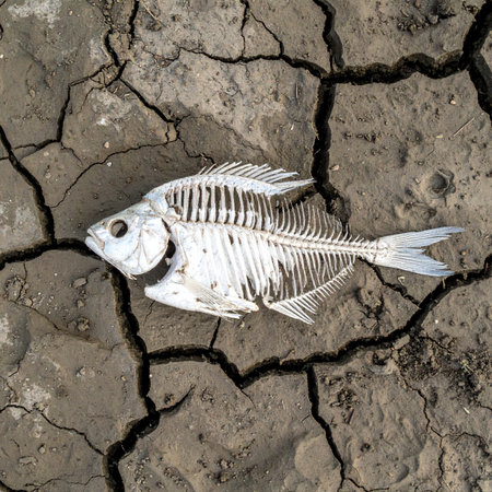 The stark white skeleton of a fish lies exposed on the deeply cracked, parched earth of a dried-up lakebed. This powerful image serves as a poignant symbol of drought, climate change, and the devastating consequences of water scarcity on ecosystems and wildlife.の素材