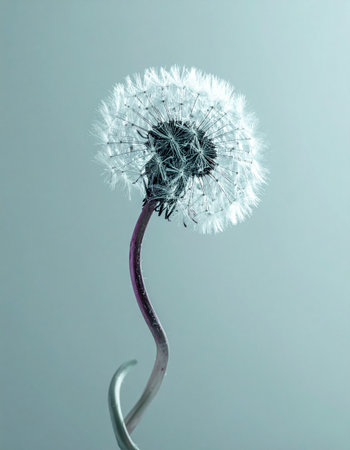 A single, delicate dandelion seed head stands poised against a calm, teal-colored backdrop. Its intricate structure holds a universe of potential wishes and new beginnings, a symbol of fragility, hope, and the gentle art of letting go.の素材